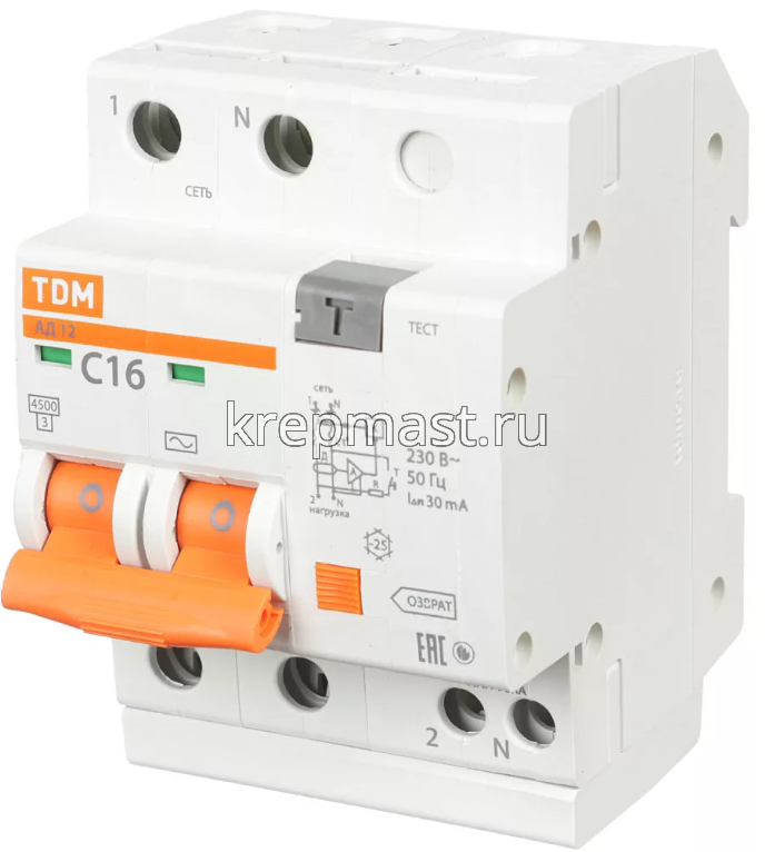 Выключатель дифференц. АД 12 2Р 16А 30мА TDM
