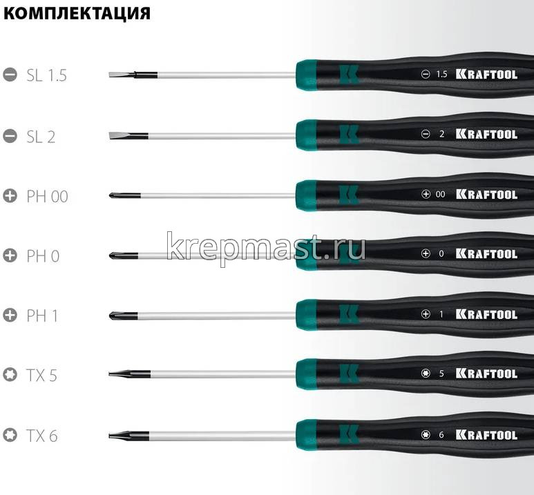 Отвертки-набор KRAFTOOL для точных работ (SL1.5/2/PH00/0/1/TX5/6)
